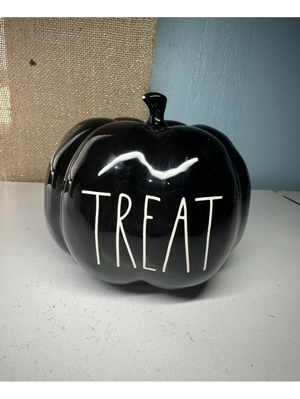 Rae Dunn Ceramic Small Pumpkin Glossy Black “TREAT” Fall / Autumn Decor
